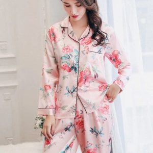 Pyjama Satin Fleuri Rose
