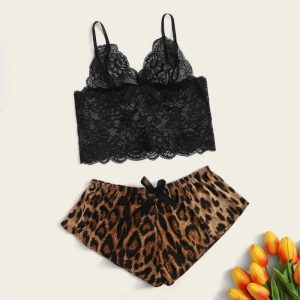 Pyjama Satin Leopard Dentelle