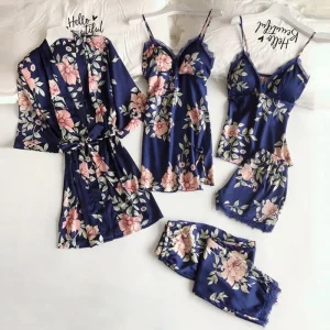 Ensemble Pyjama Satin Femme Bleu Marine Fleuri