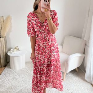 Robe longue fendue corail – Agathe