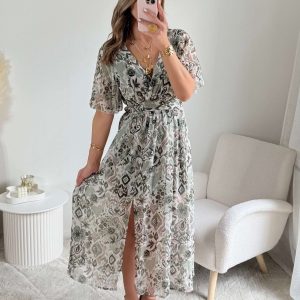 Robe longue fendue kaki – Agathe