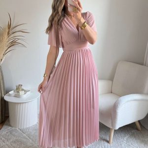 Robe longue plissée rose poudrée – Ana