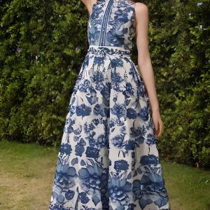 Robe longue bleu fleurie