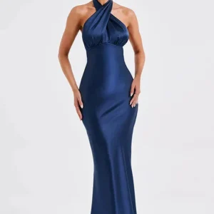 Robe longue satin bleu
