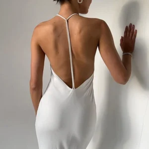 Robe Satin Blanche Dos Ouvert - DESTOCKAGE
