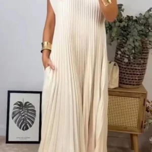 Robe longue plissée beige