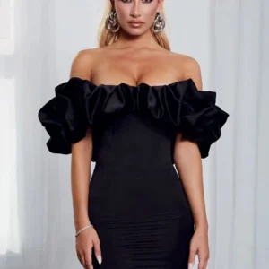 Robe Satin Noire Volants - DESTOCKAGE