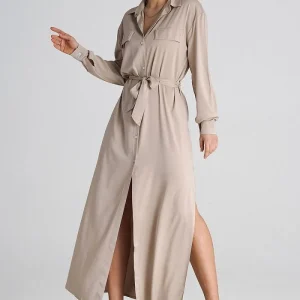 Robe chemise beige longue manche longue