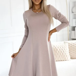 Robe évasée beige casual manches longues