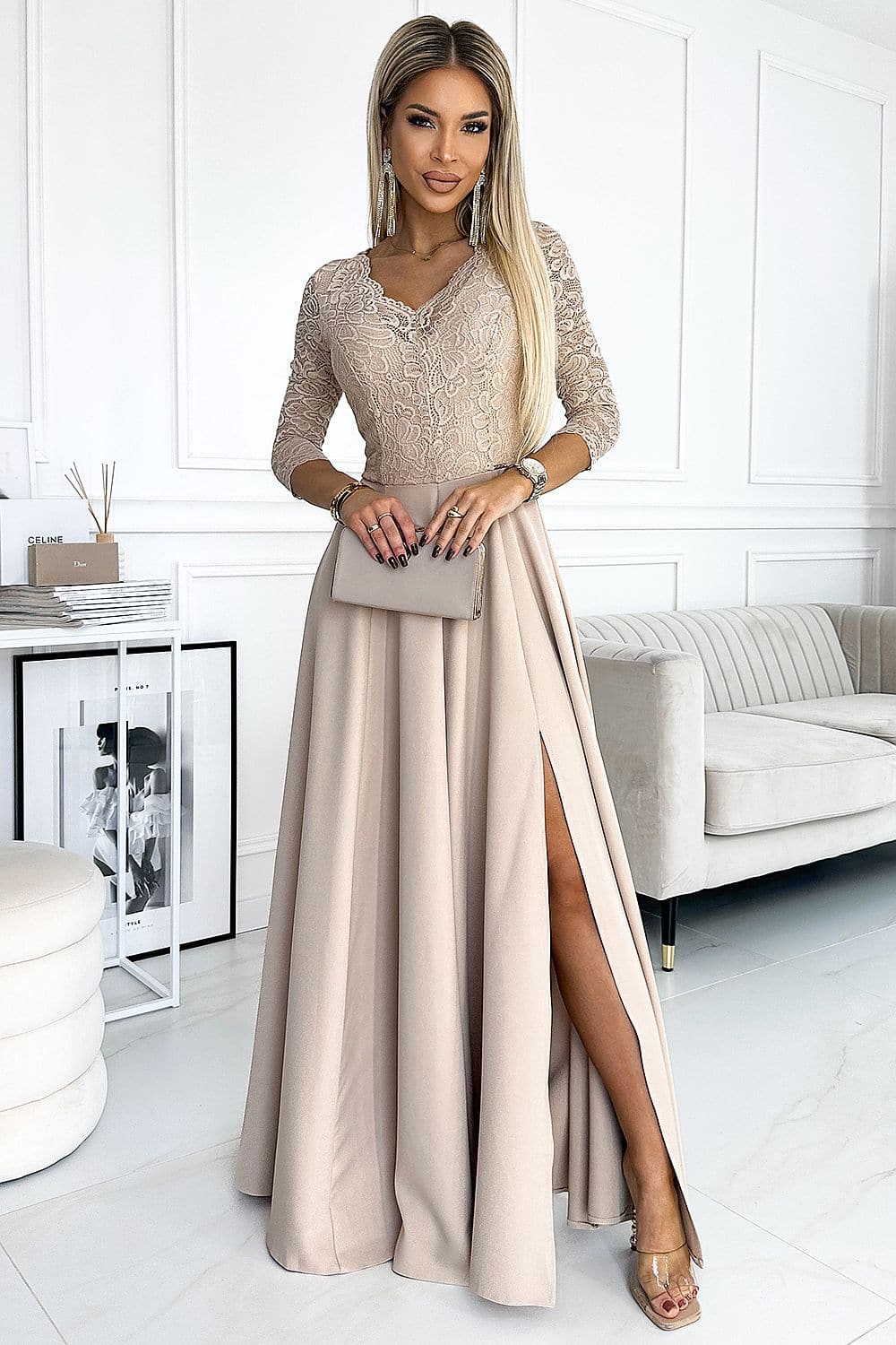 Robe de soirée longue beige