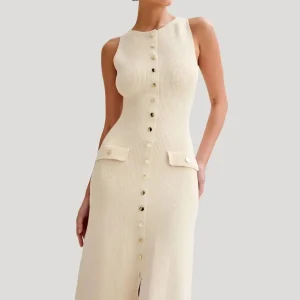 Robe été chic longue moulante boutonnée