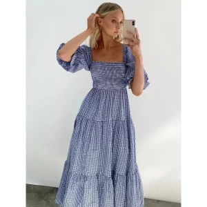 Robe été midi motif carreaux col carré