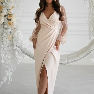 Robe de soirée mariage beige longue chic