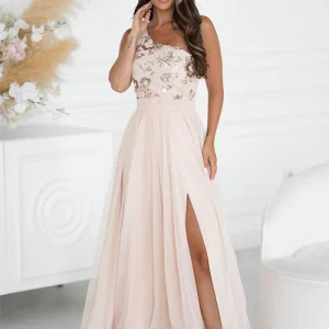 Robe longue fendue beige pour demoiselle d'honneur