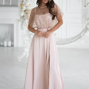Robe de soirée longue beige chic pailletée