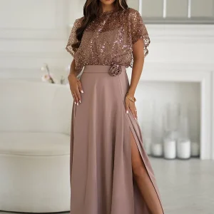Robe de soirée longue beige fendue boléro pailleté