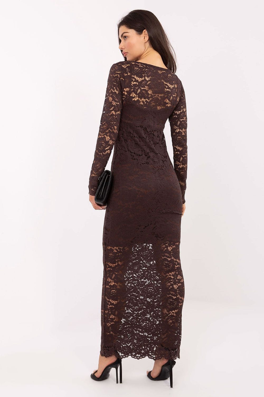 Robe de soirée marron longue en dentelle – Image 3