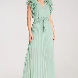 Robe longue plissée verte pour invitée au mariage