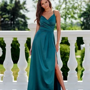 Robe longue verte fendue satinée pour soirée de mariage