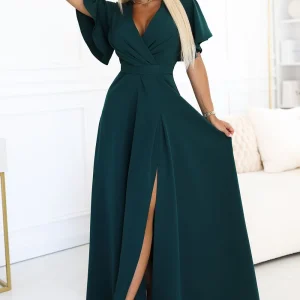 Robe de soirée verte chic longue fendue manches papillon