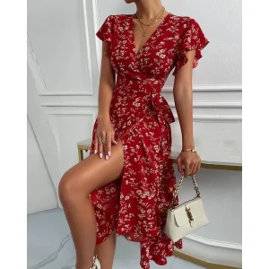 Robe midi fleurie rouge avec manches volants