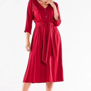 Robe midi rouge manches 3/4