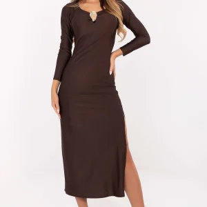 Robe marron moulante fendue manches longues