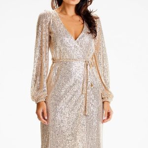 Robe portefeuille à paillettes manche longue
