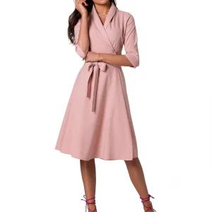 Robe portefeuille rose midi chic manches longues
