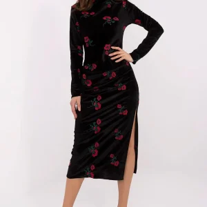 Robe midi manches longues noire à fleurs
