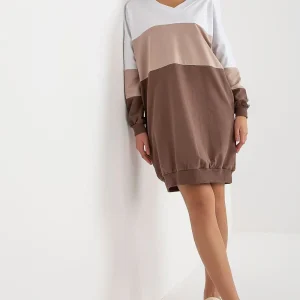 Robe sweat bicolore beige marron manches longues