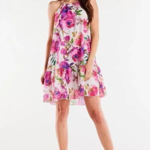 Robe trapèze fleurie rose courte
